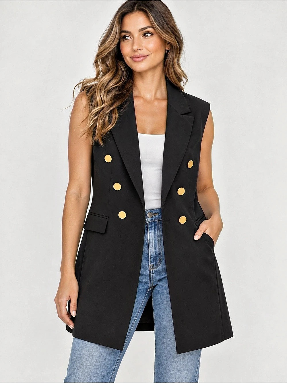 NWT! Joie Sleeveless Double-Breasted Longline Blazer Vest Black Gold Buttons XS